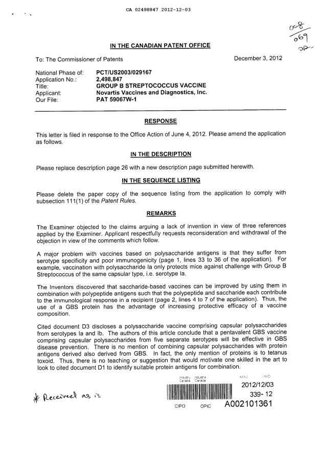 Canadian Patent Document 2498847. Prosecution-Amendment 20111203. Image 1 of 3
