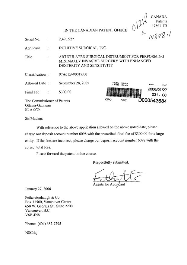 Canadian Patent Document 2498922. Correspondence 20060127. Image 1 of 1