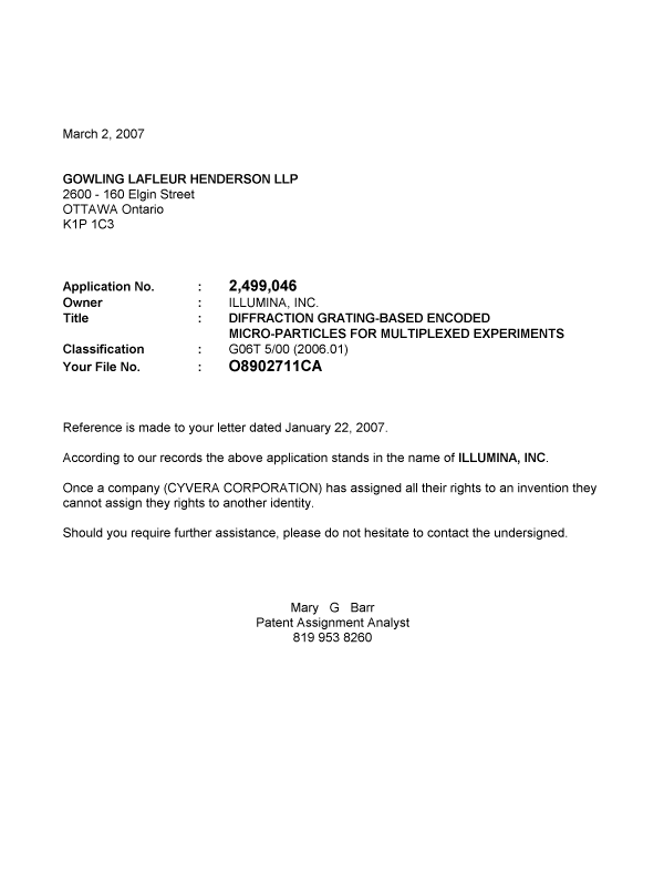 Canadian Patent Document 2499046. Correspondence 20061202. Image 1 of 1