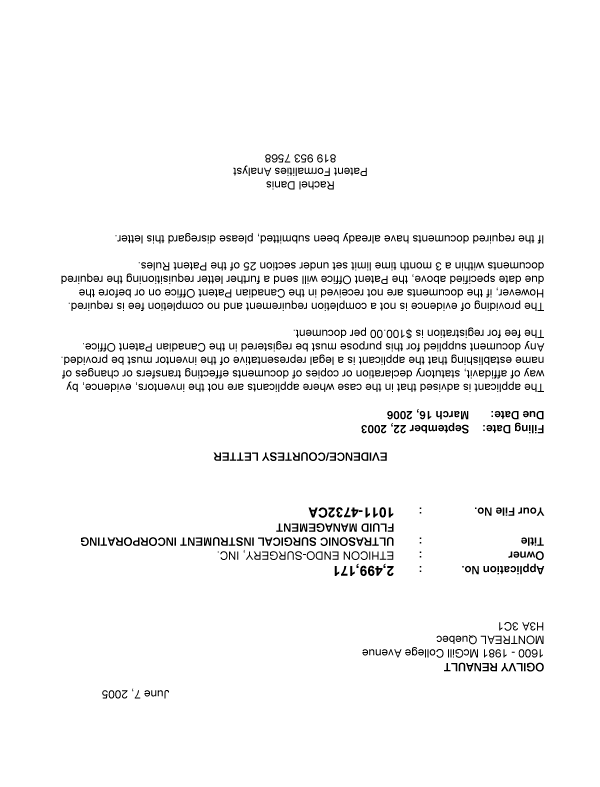 Canadian Patent Document 2499171. Correspondence 20041230. Image 1 of 1