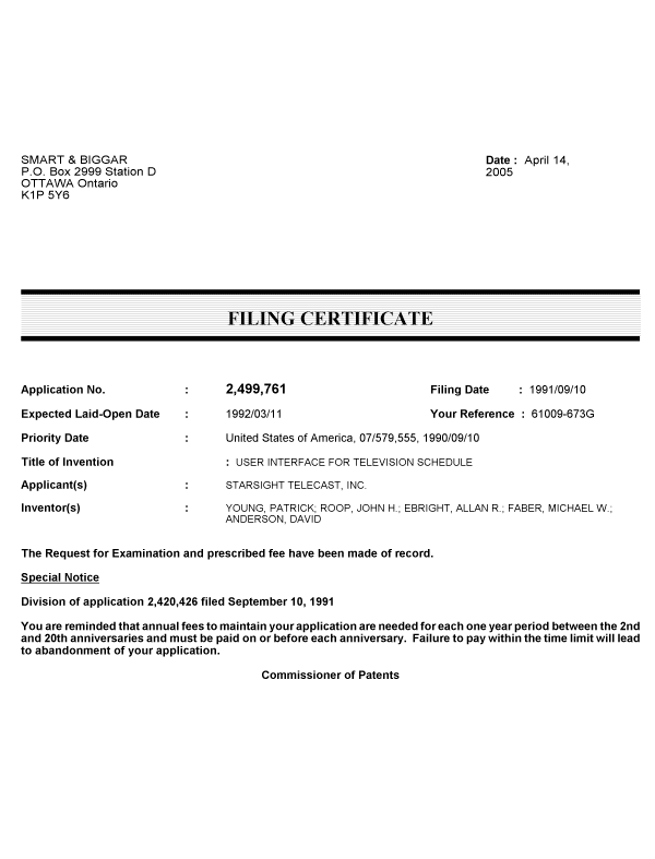 Document de brevet canadien 2499761. Correspondance 20050414. Image 1 de 1