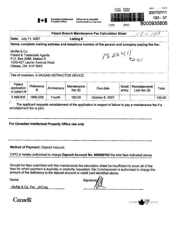 Canadian Patent Document 2499835. Fees 20061211. Image 1 of 1
