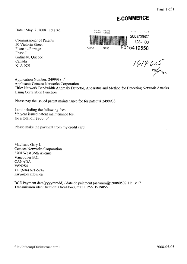 Document de brevet canadien 2499938. Taxes 20080502. Image 1 de 1