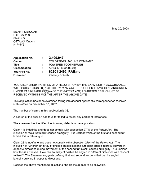 Document de brevet canadien 2499947. Poursuite-Amendment 20080520. Image 1 de 2