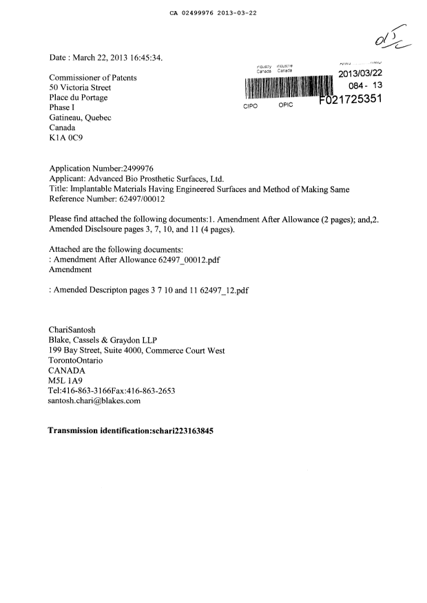 Canadian Patent Document 2499976. Prosecution-Amendment 20130322. Image 1 of 7