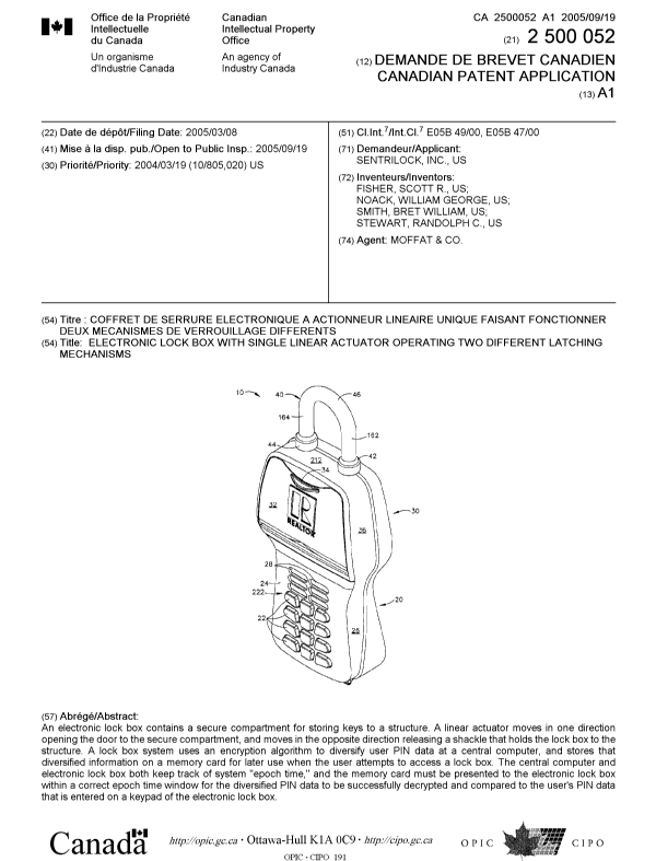 Canadian Patent Document 2500052. Cover Page 20050912. Image 1 of 1