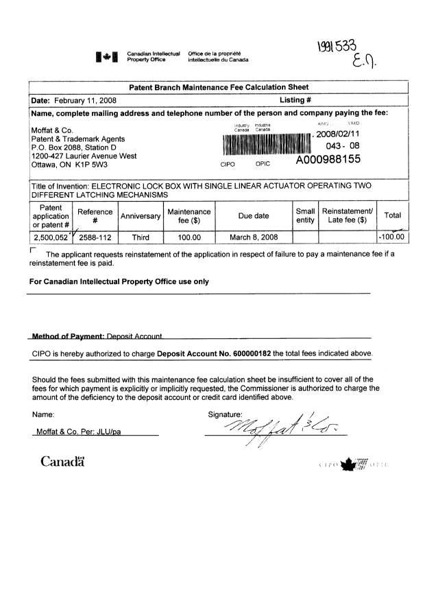 Document de brevet canadien 2500052. Taxes 20071211. Image 1 de 1