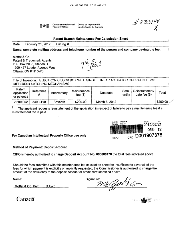 Document de brevet canadien 2500052. Taxes 20111221. Image 1 de 1