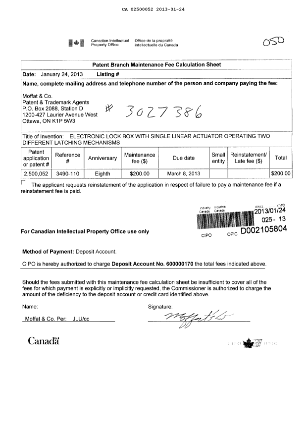 Document de brevet canadien 2500052. Taxes 20130124. Image 1 de 1