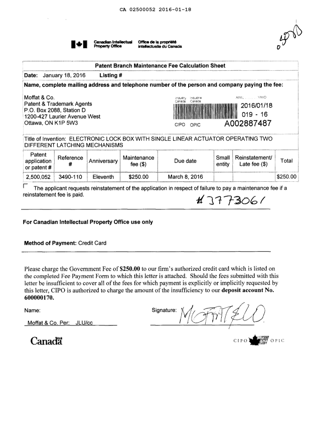 Document de brevet canadien 2500052. Taxes 20151218. Image 1 de 1