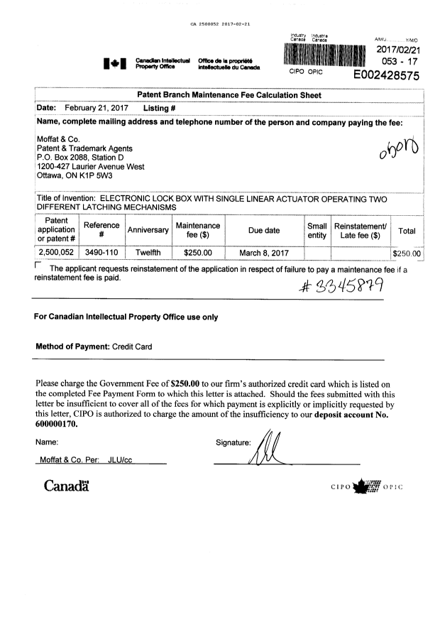 Document de brevet canadien 2500052. Taxes 20161221. Image 1 de 1