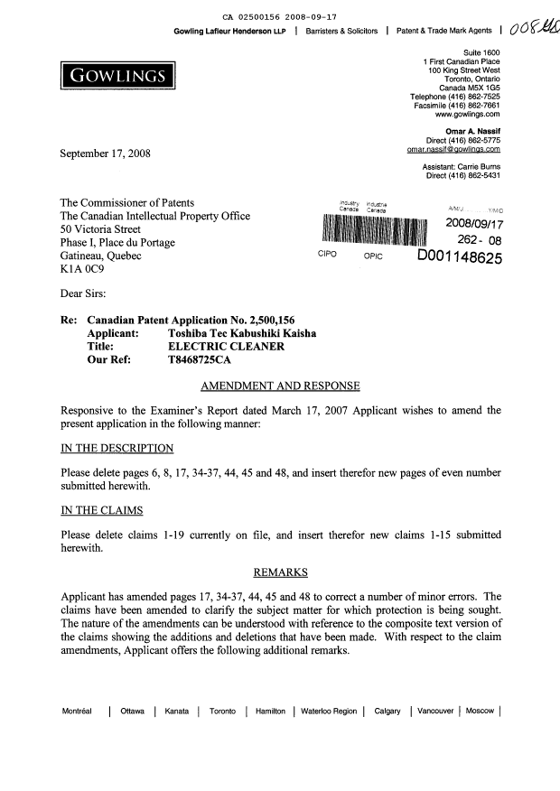 Canadian Patent Document 2500156. Prosecution-Amendment 20080917. Image 1 of 31