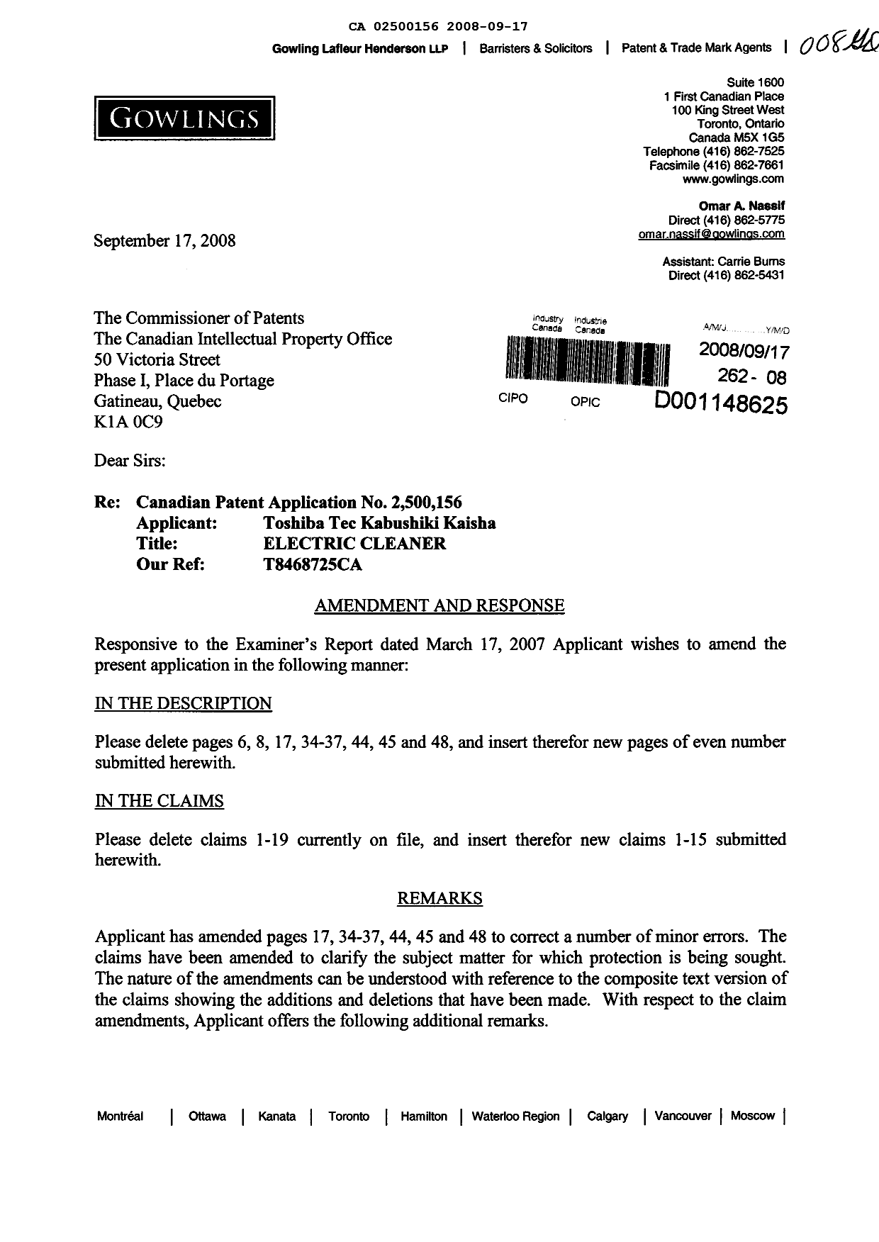 Canadian Patent Document 2500156. Prosecution-Amendment 20080917. Image 1 of 31