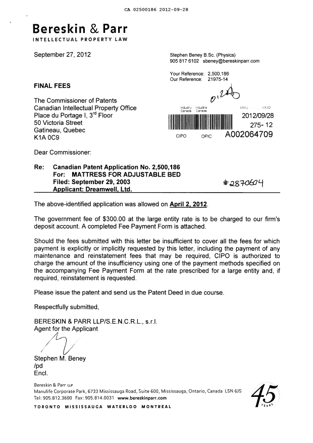 Canadian Patent Document 2500186. Correspondence 20120928. Image 1 of 1