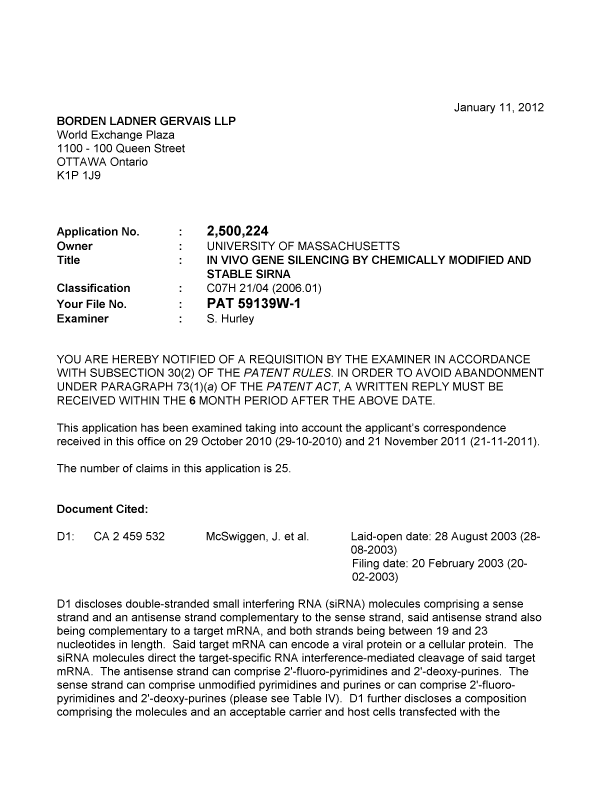 Canadian Patent Document 2500224. Prosecution-Amendment 20120111. Image 1 of 3