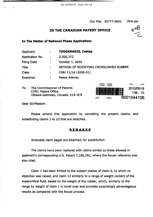 Canadian Patent Document 2500372. Prosecution-Amendment 20100518. Image 1 of 7