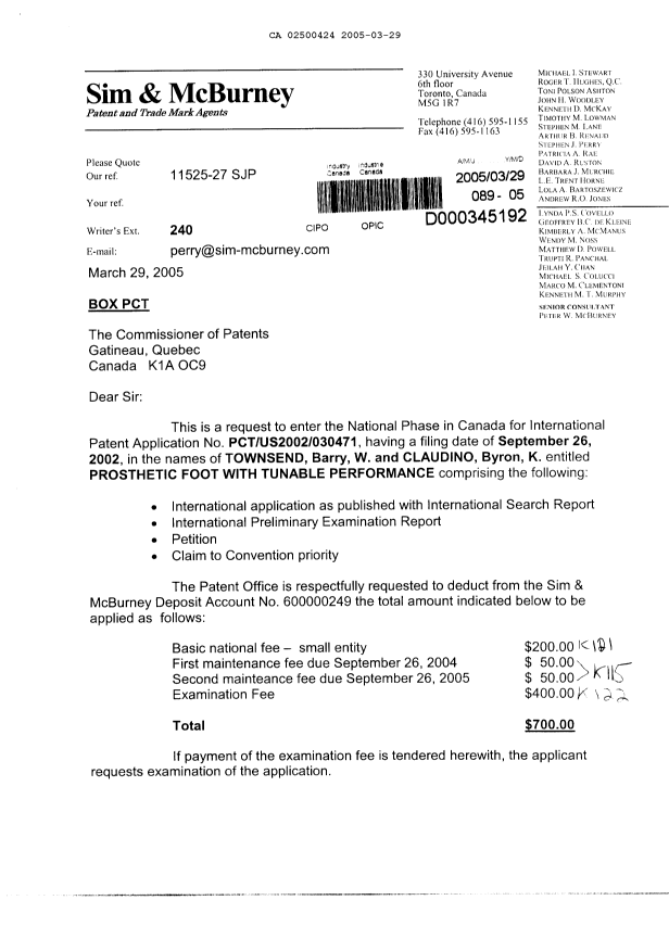 Document de brevet canadien 2500424. Cession 20050329. Image 1 de 3