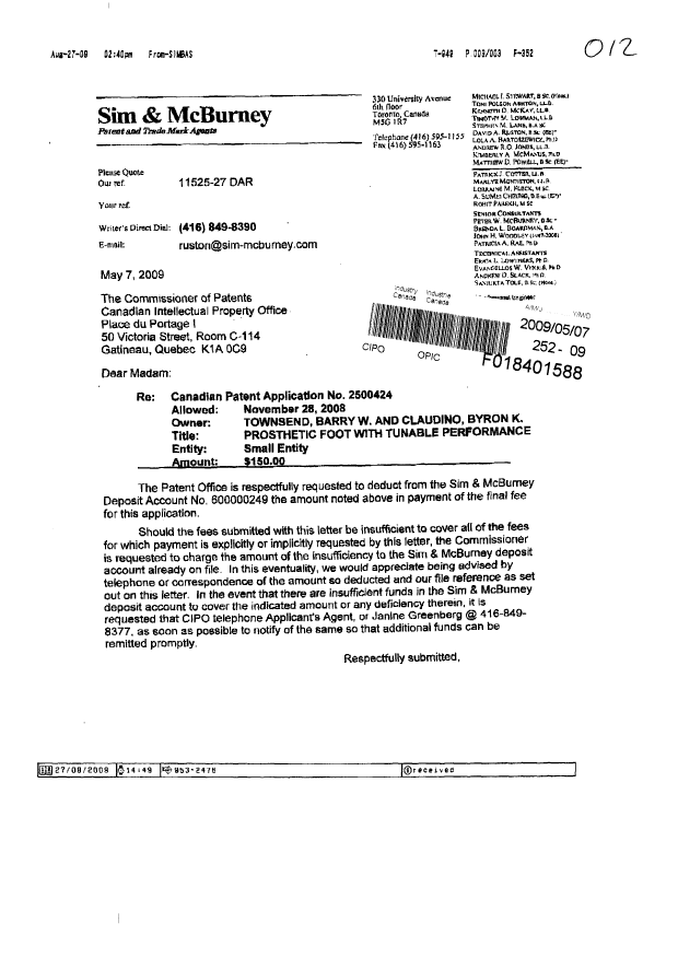Document de brevet canadien 2500424. Correspondance 20090507. Image 1 de 4