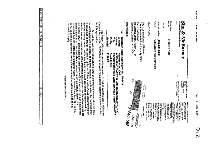 Canadian Patent Document 2500424. Correspondence 20090507. Image 1 of 4