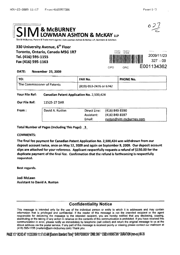 Canadian Patent Document 2500424. Prosecution-Amendment 20091123. Image 1 of 3