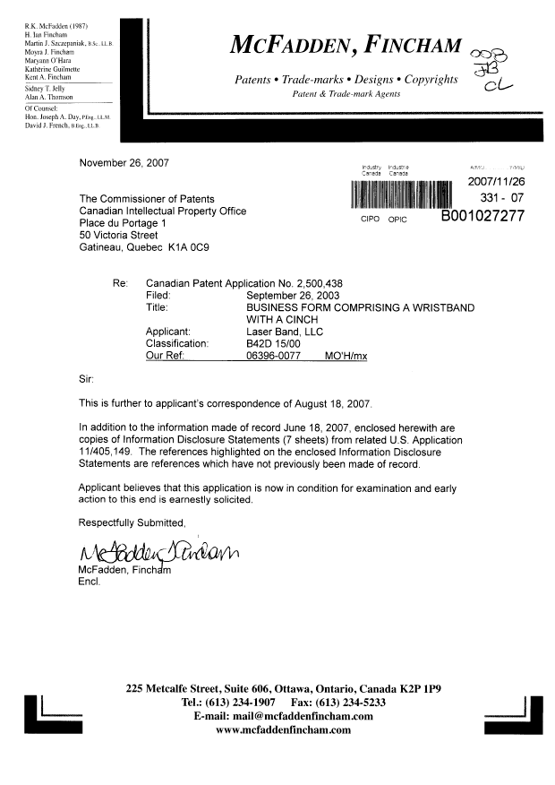 Canadian Patent Document 2500438. Prosecution-Amendment 20071126. Image 1 of 1