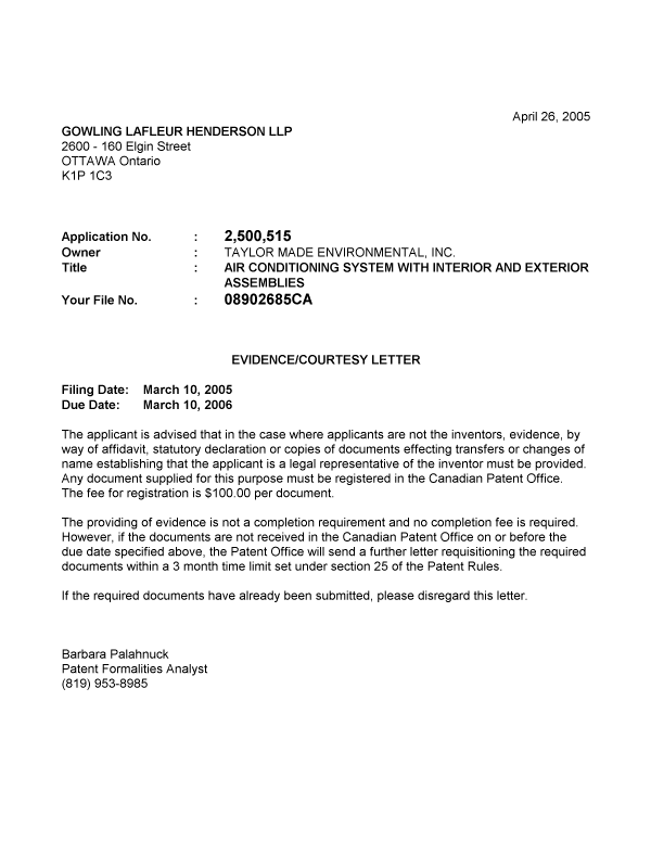 Canadian Patent Document 2500515. Correspondence 20041222. Image 1 of 1