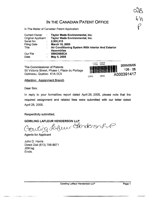 Document de brevet canadien 2500515. Cession 20050505. Image 1 de 1