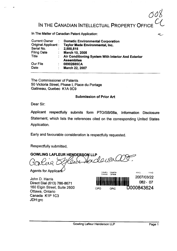 Canadian Patent Document 2500515. Prosecution-Amendment 20061222. Image 1 of 1