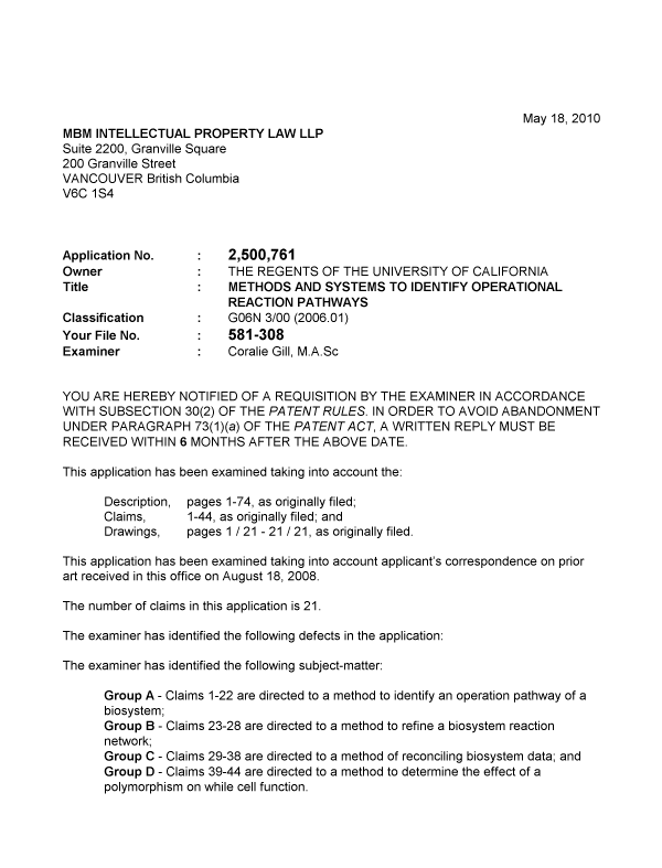 Canadian Patent Document 2500761. Prosecution-Amendment 20091218. Image 1 of 3