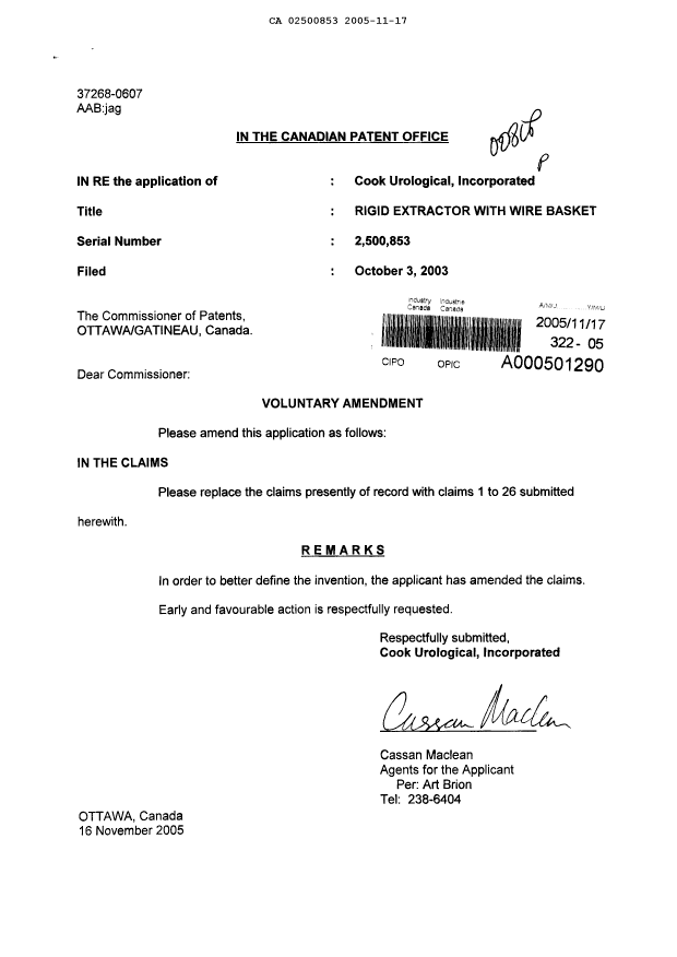 Canadian Patent Document 2500853. Prosecution-Amendment 20051117. Image 1 of 5