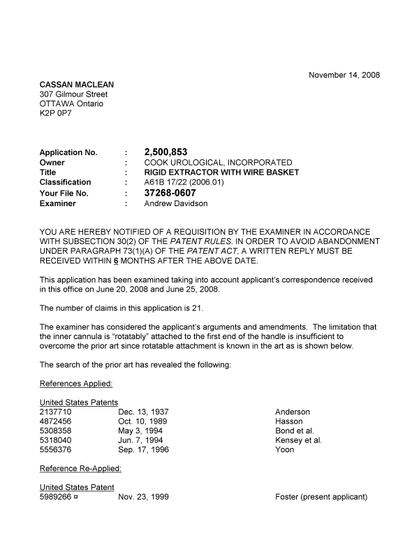 Canadian Patent Document 2500853. Prosecution-Amendment 20081114. Image 1 of 3