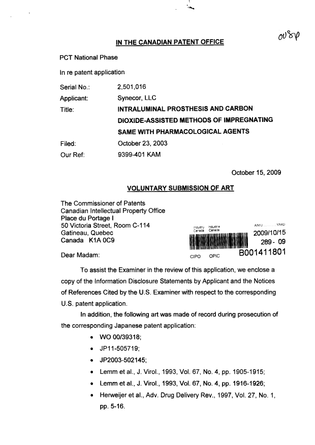 Canadian Patent Document 2501016. Prosecution-Amendment 20091015. Image 1 of 3