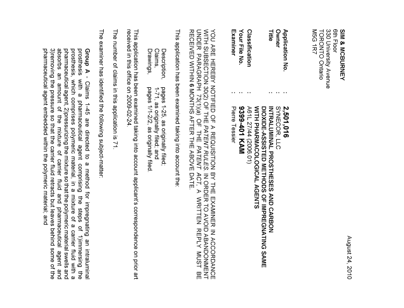 Canadian Patent Document 2501016. Prosecution-Amendment 20100824. Image 1 of 5