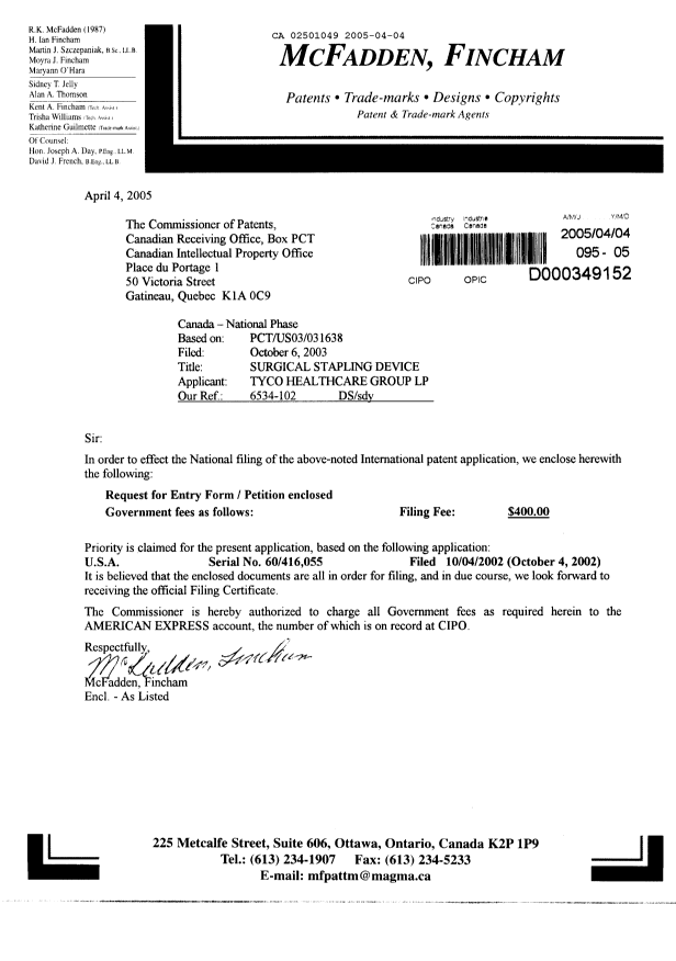 Document de brevet canadien 2501049. Cession 20050404. Image 1 de 2