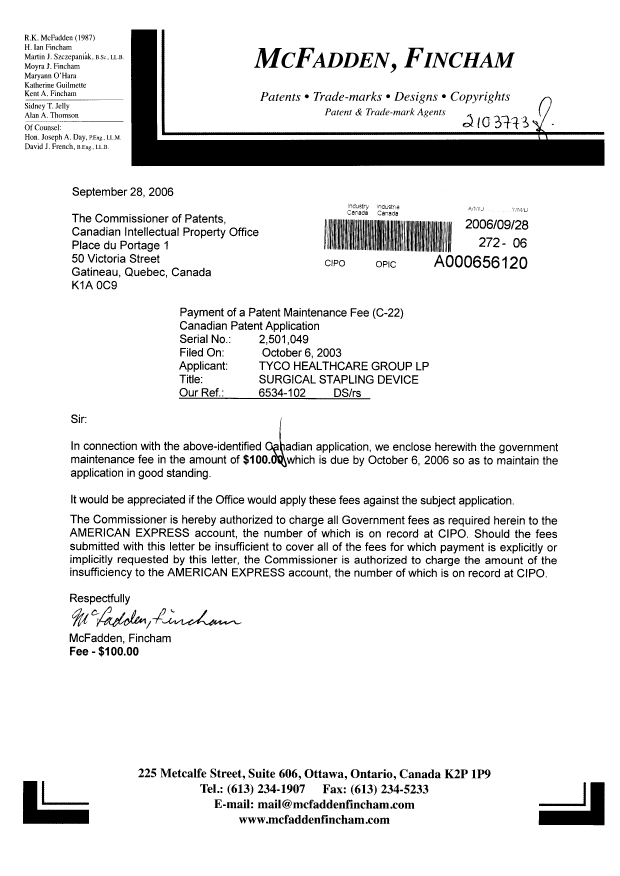 Document de brevet canadien 2501049. Taxes 20060928. Image 1 de 1