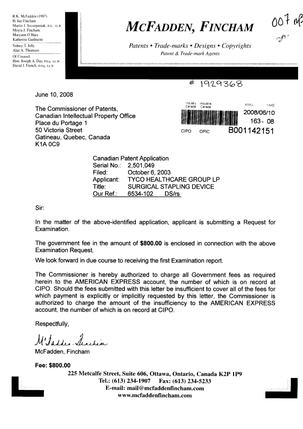 Canadian Patent Document 2501049. Prosecution-Amendment 20080610. Image 1 of 1