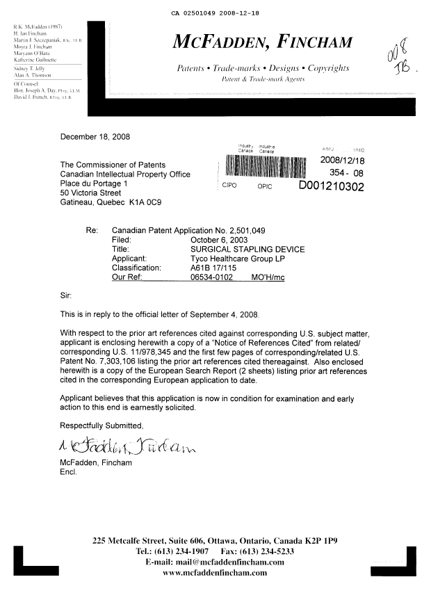 Document de brevet canadien 2501049. Poursuite-Amendment 20081218. Image 1 de 1