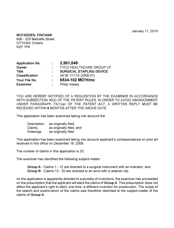 Document de brevet canadien 2501049. Poursuite-Amendment 20100111. Image 1 de 4