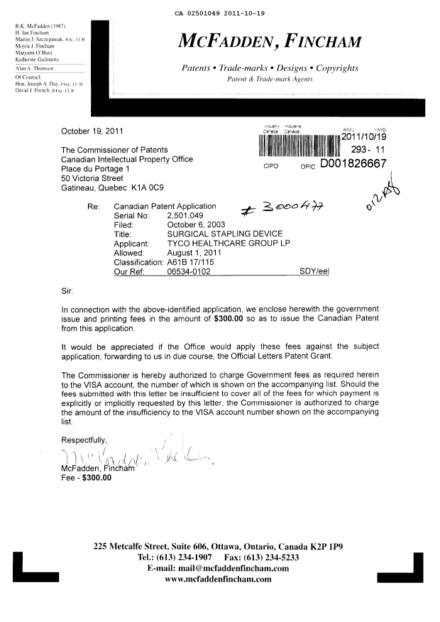Document de brevet canadien 2501049. Correspondance 20111019. Image 1 de 1