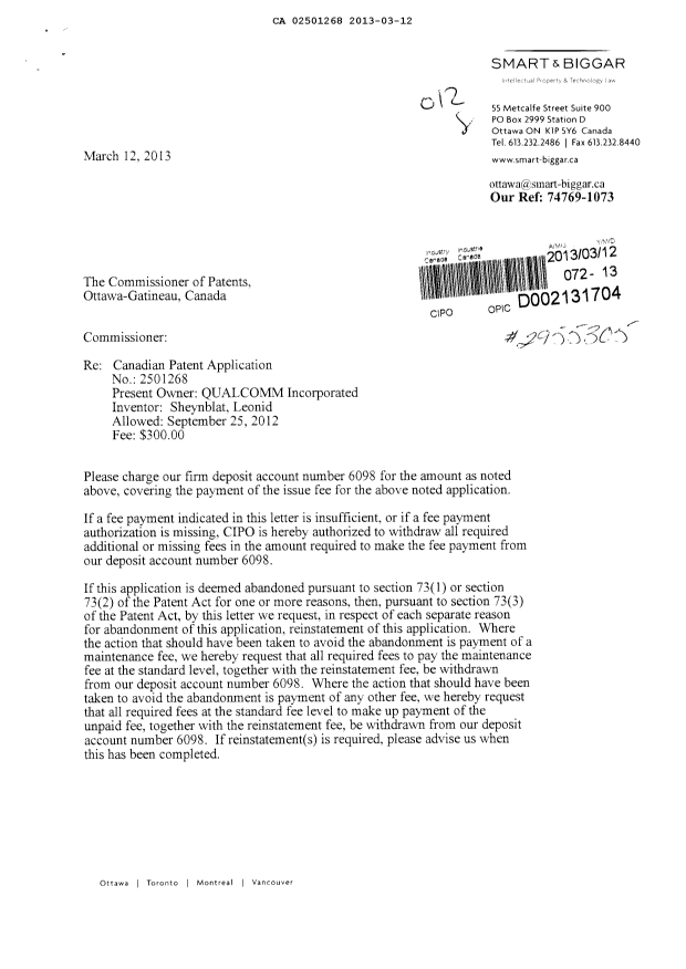 Document de brevet canadien 2501268. Correspondance 20130312. Image 1 de 2