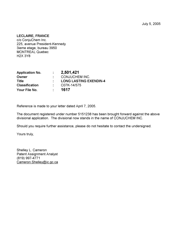 Canadian Patent Document 2501421. Correspondence 20050705. Image 1 of 1