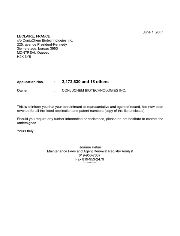 Document de brevet canadien 2501421. Correspondance 20070601. Image 1 de 1