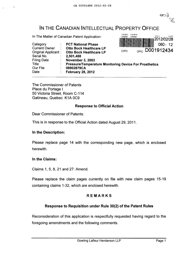 Canadian Patent Document 2501488. Prosecution-Amendment 20120228. Image 1 of 17