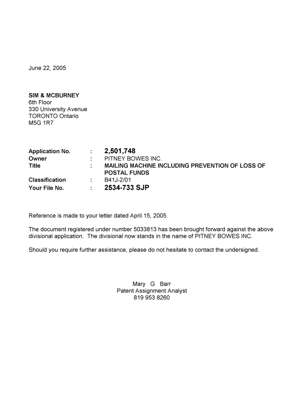 Document de brevet canadien 2501748. Correspondance 20050622. Image 1 de 1