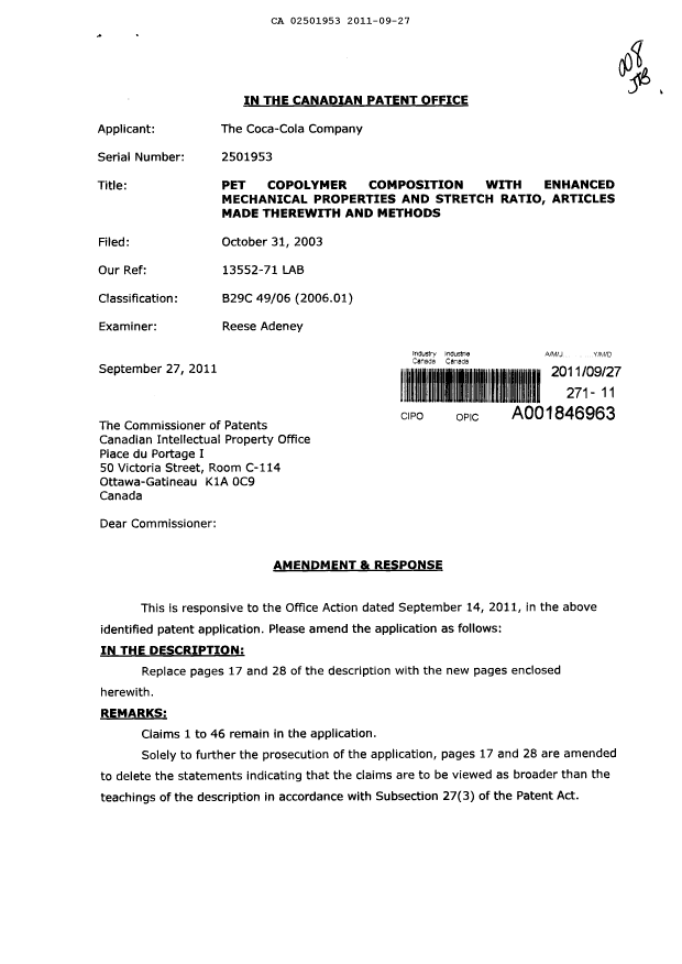 Canadian Patent Document 2501953. Prosecution-Amendment 20110927. Image 1 of 4