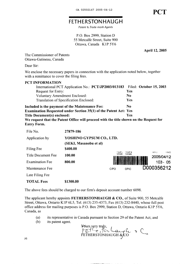 Document de brevet canadien 2502147. Cession 20050412. Image 1 de 4