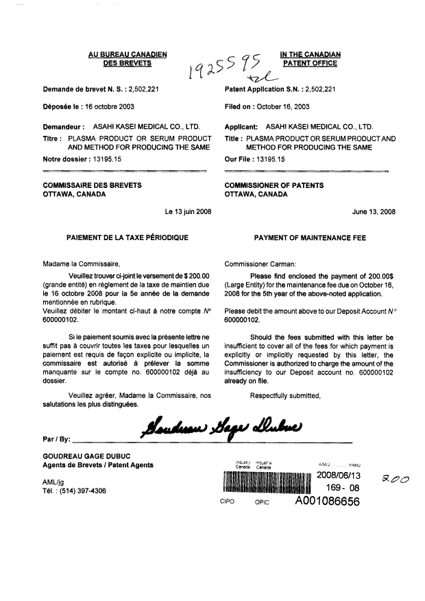 Document de brevet canadien 2502221. Taxes 20080613. Image 1 de 1