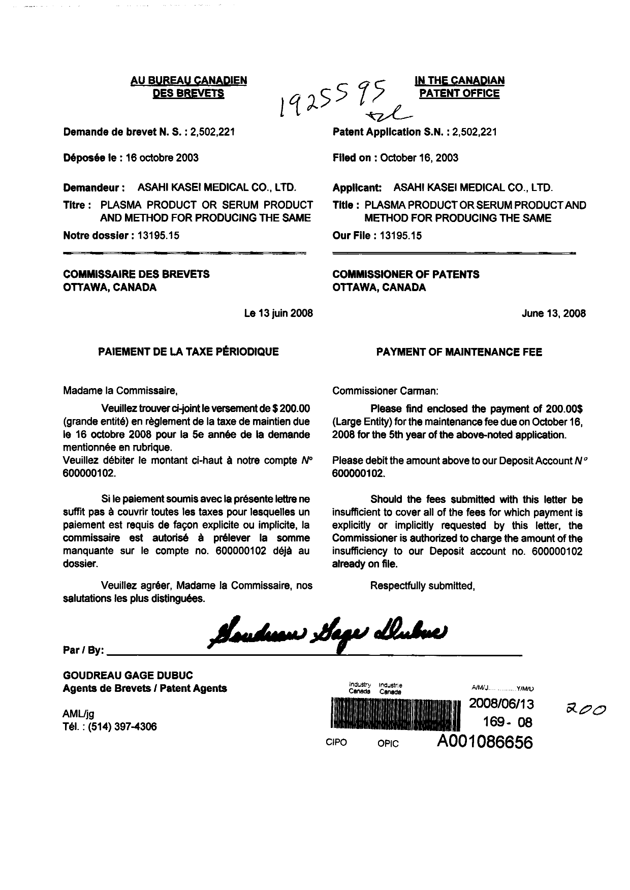 Canadian Patent Document 2502221. Fees 20080613. Image 1 of 1