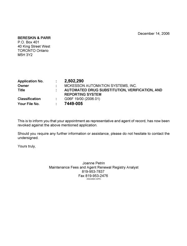Document de brevet canadien 2502290. Correspondance 20061214. Image 1 de 1