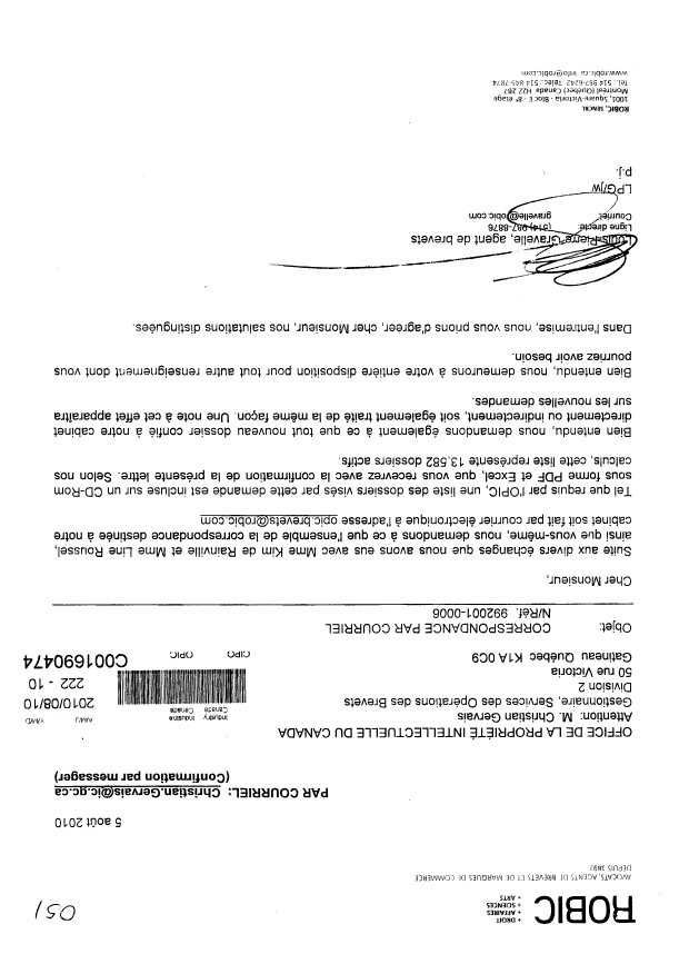 Canadian Patent Document 2502292. Correspondence 20100810. Image 1 of 1